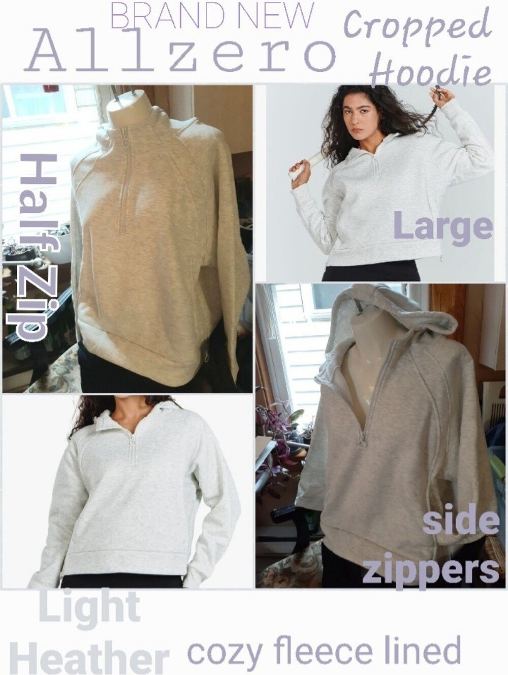 ALLZERO Women's Cropped Hoodie Sherpa Quarter - Half Zipper Lightheather Large
